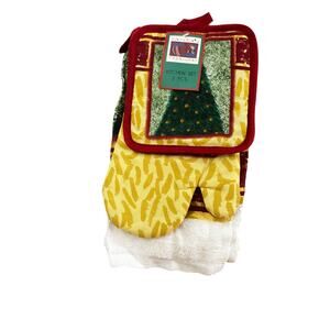 Santa’s Treasures Christmas Tree Kitchen Set 3pc Oven Mitt Towel Pot Holder